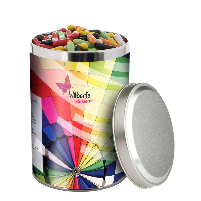 Groot zilverkleurig snoepblik van 1,3 liter met een full colour bedrukte wikkel met logo