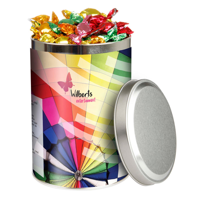 Groot zilverkleurig snoepblik van 1,3 liter met een full colour bedrukte wikkel met logo: Metallic sweets