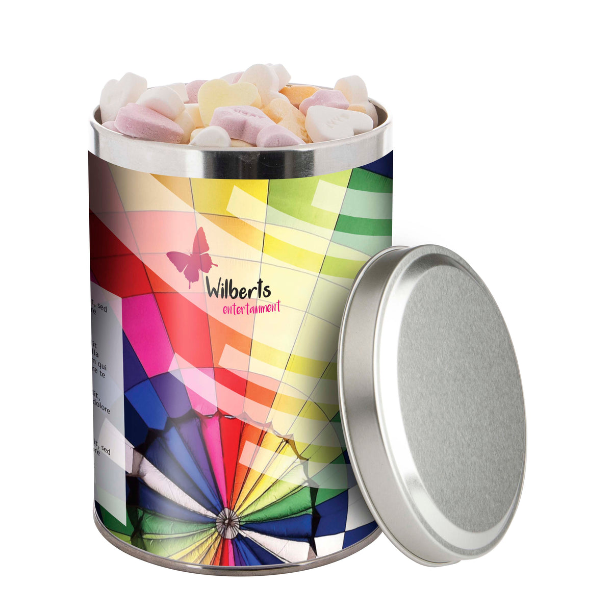 Groot zilverkleurig snoepblik van 1,3 liter met een full colour bedrukte wikkel met logo: Vruchtenhartjes