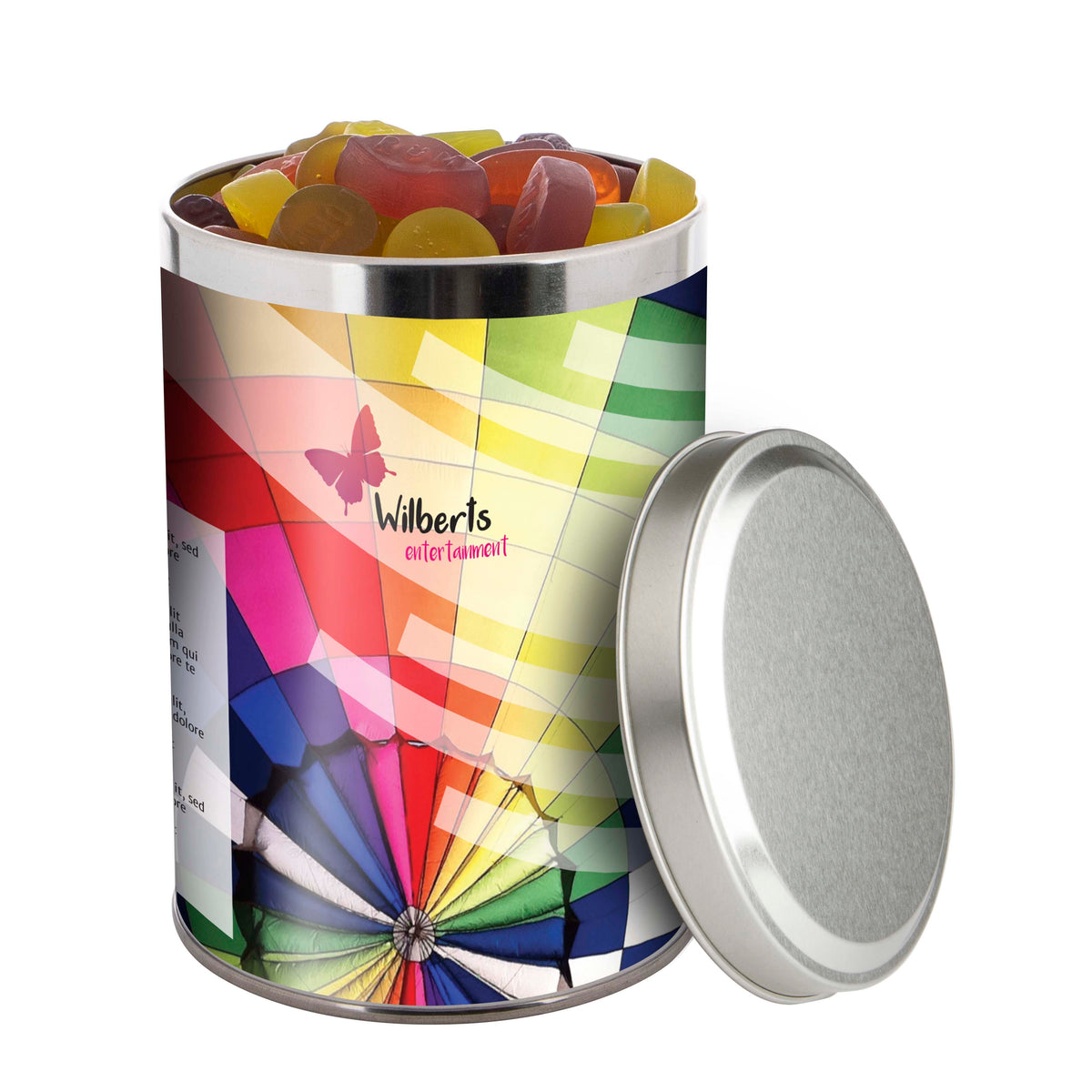 Groot zilverkleurig snoepblik van 1,3 liter met een full colour bedrukte wikkel met logo: Winegums