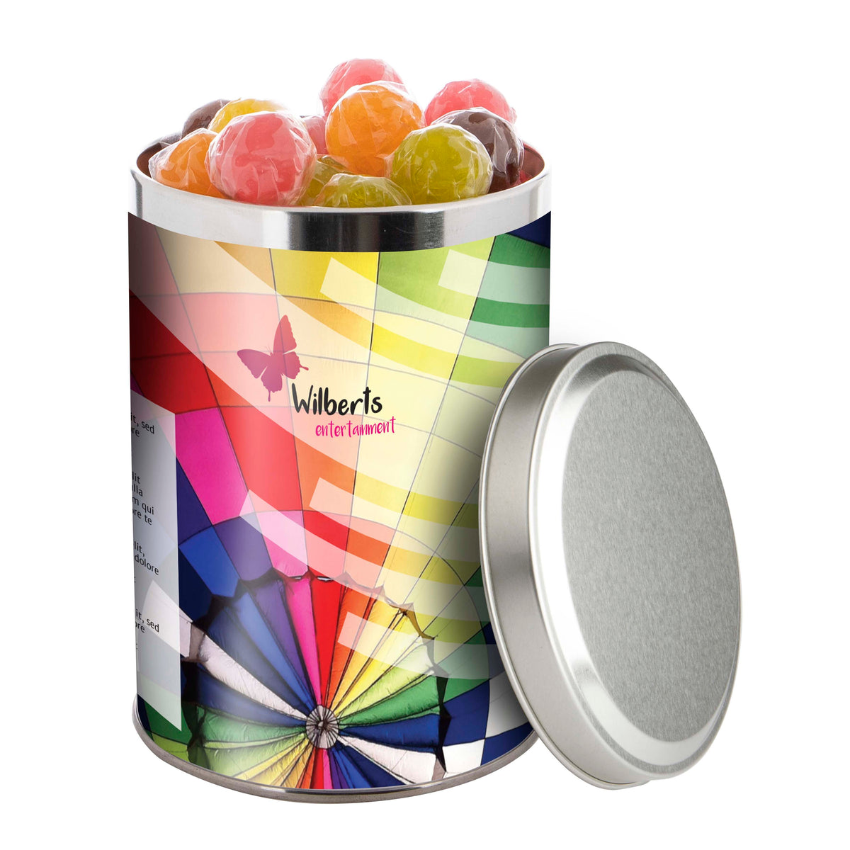 Groot zilverkleurig snoepblik van 1,3 liter met een full colour bedrukte wikkel met logo: Lolly mix