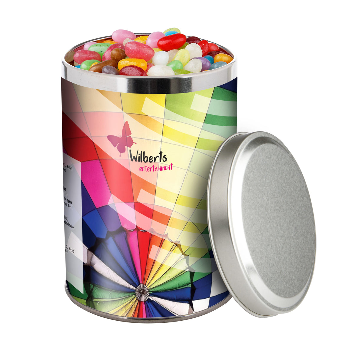 Groot zilverkleurig snoepblik van 1,3 liter met een full colour bedrukte wikkel met logo: Jelly beans