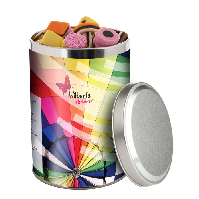 Groot zilverkleurig snoepblik van 1,3 liter met een full colour bedrukte wikkel met logo: Engels drop