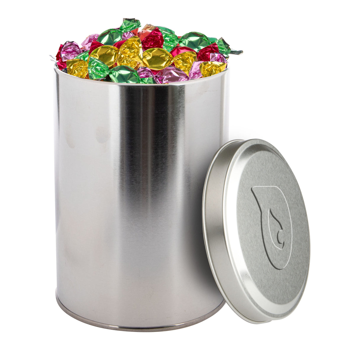Groot zilverkleurig snoepblik van 1,3 liter met een logo in embossing op het deksel: Metallic sweets
