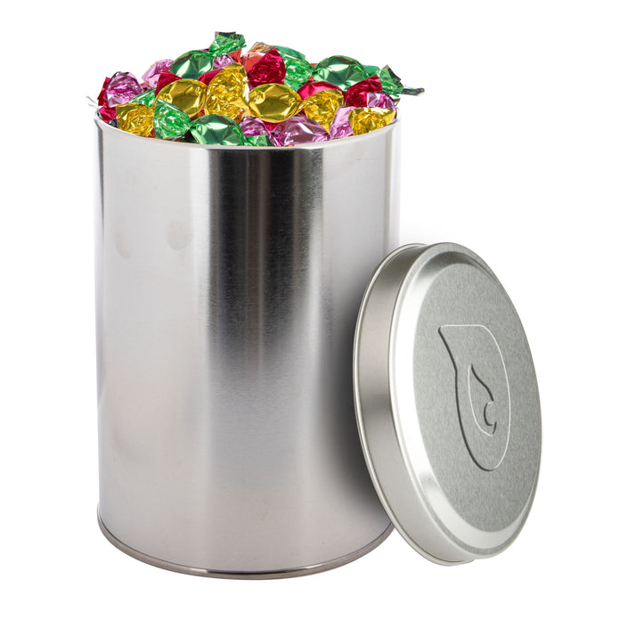 Groot zilverkleurig snoepblik van 1,3 liter met een logo in embossing op het deksel: Metallic sweets