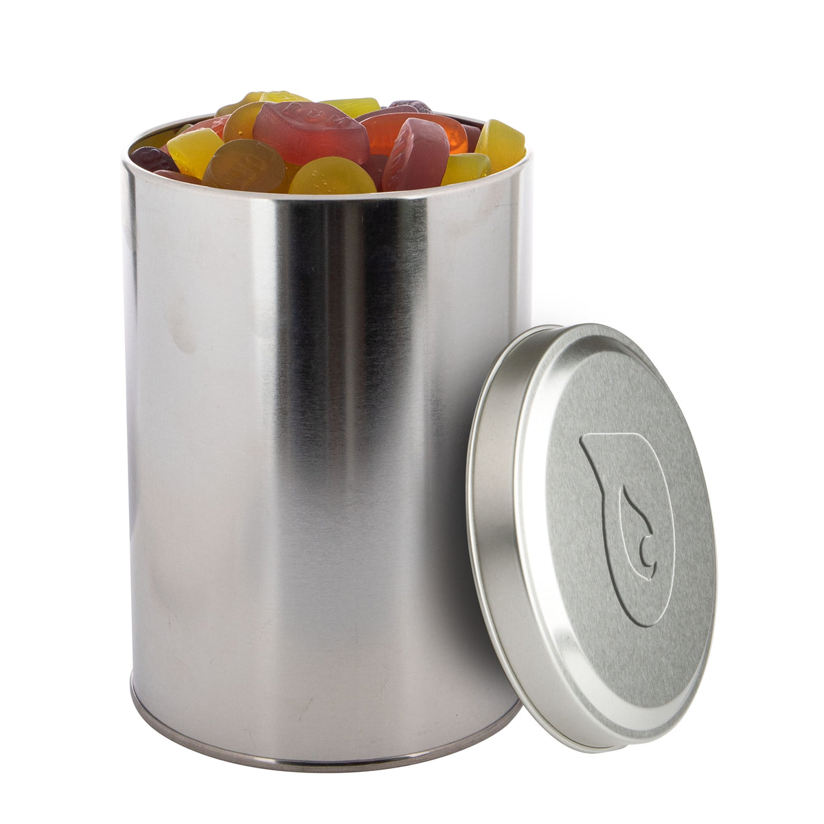Groot zilverkleurig snoepblik van 1,3 liter met een logo in embossing op het deksel: Winegums