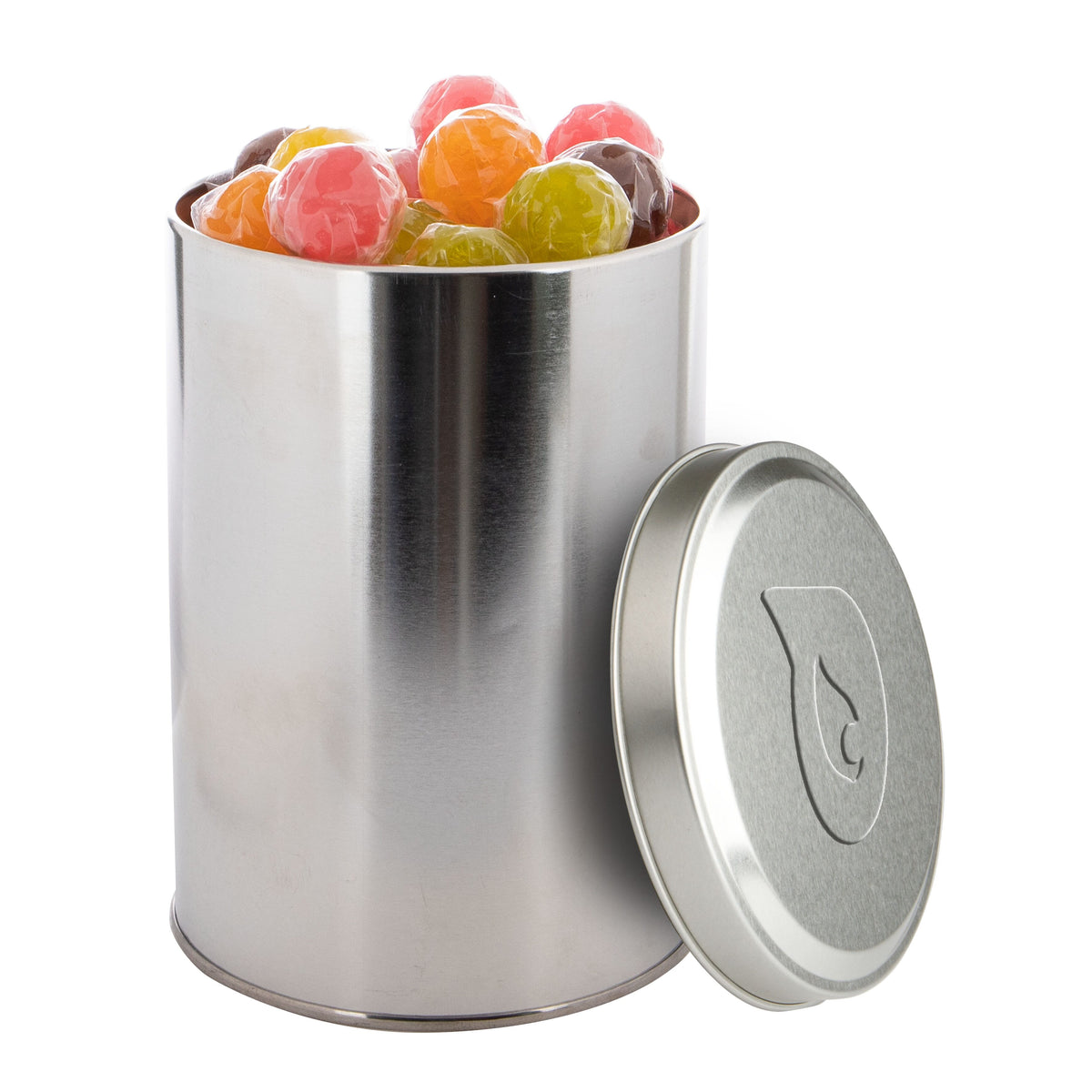 Groot zilverkleurig snoepblik van 1,3 liter met een logo in embossing op het deksel: Lolly mix
