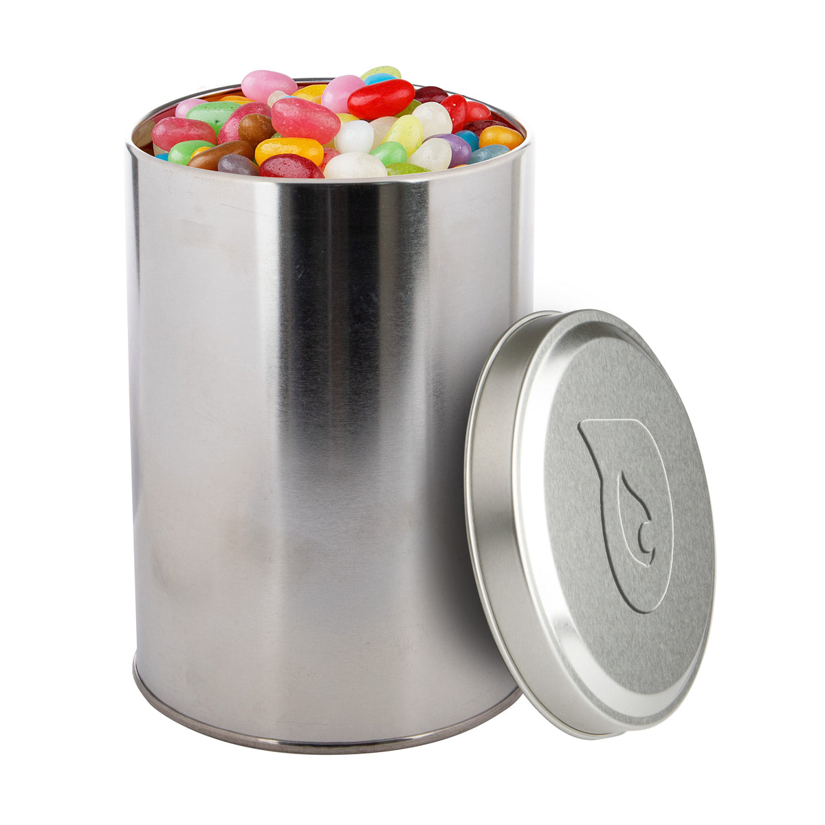 Groot zilverkleurig snoepblik van 1,3 liter met een logo in embossing op het deksel: Jelly beans