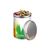 Rond zilverkleurig snoepblik van 0,9 liter met een full colour wikkel met logo rondom