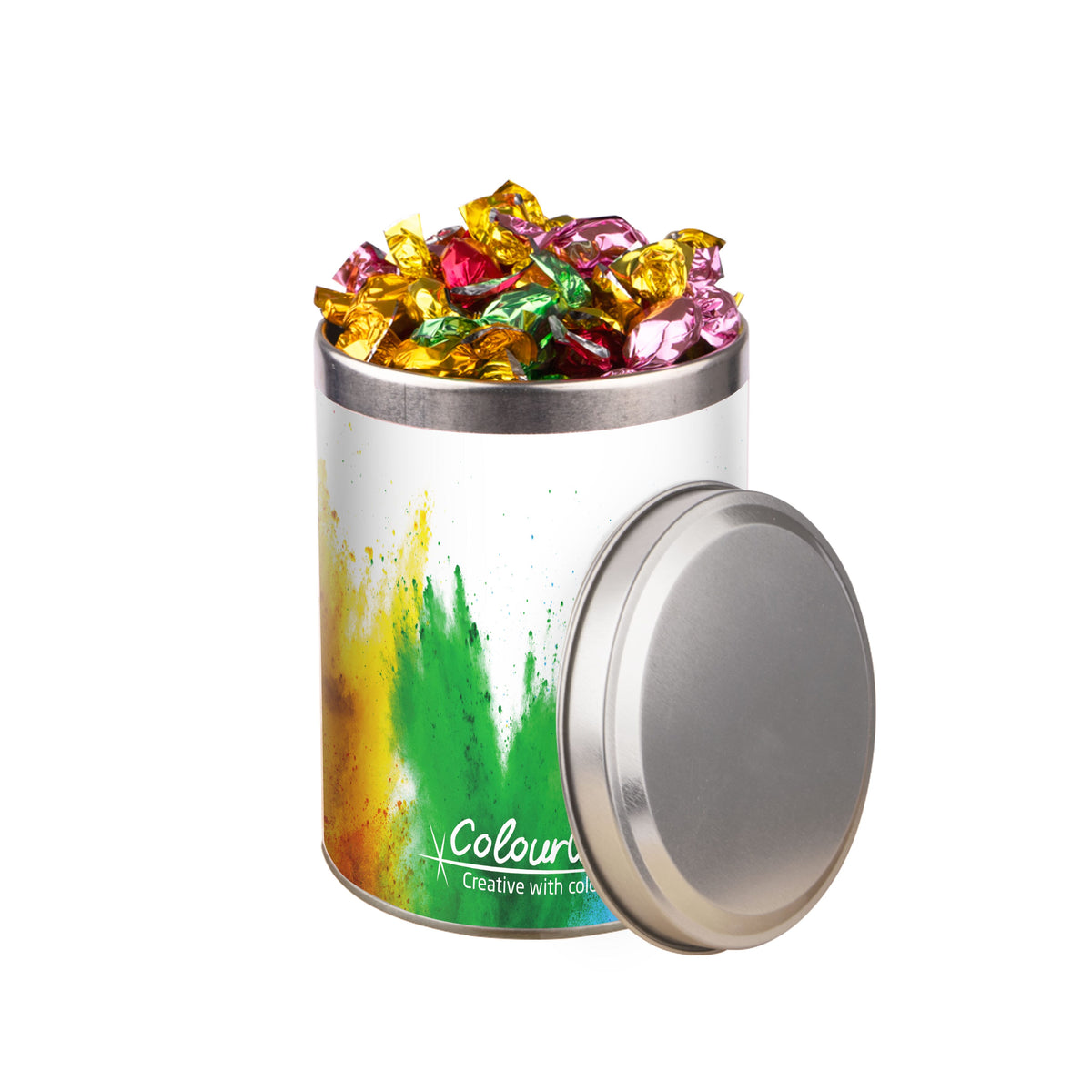 Rond zilverkleurig snoepblik van 0,9 liter met een full colour wikkel met logo rondom: Metallic sweets