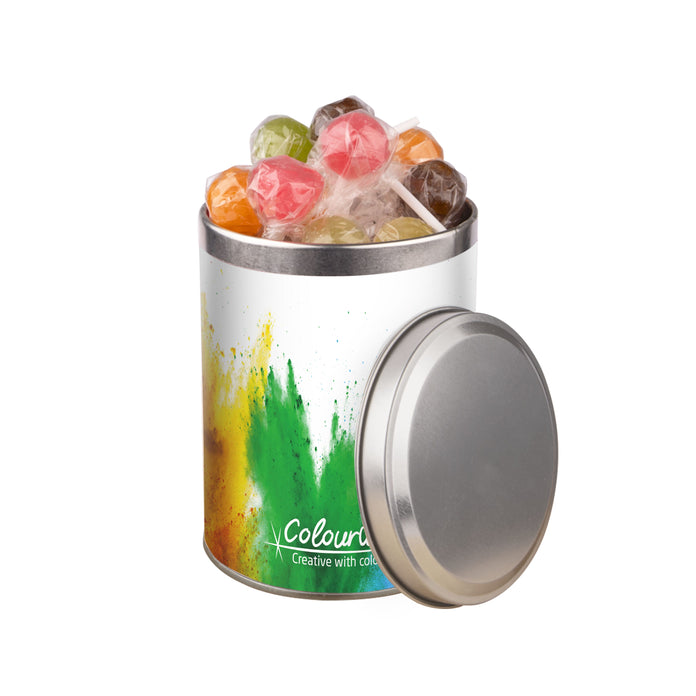 Rond zilverkleurig snoepblik van 0,9 liter met een full colour wikkel met logo rondom: Lolly mix