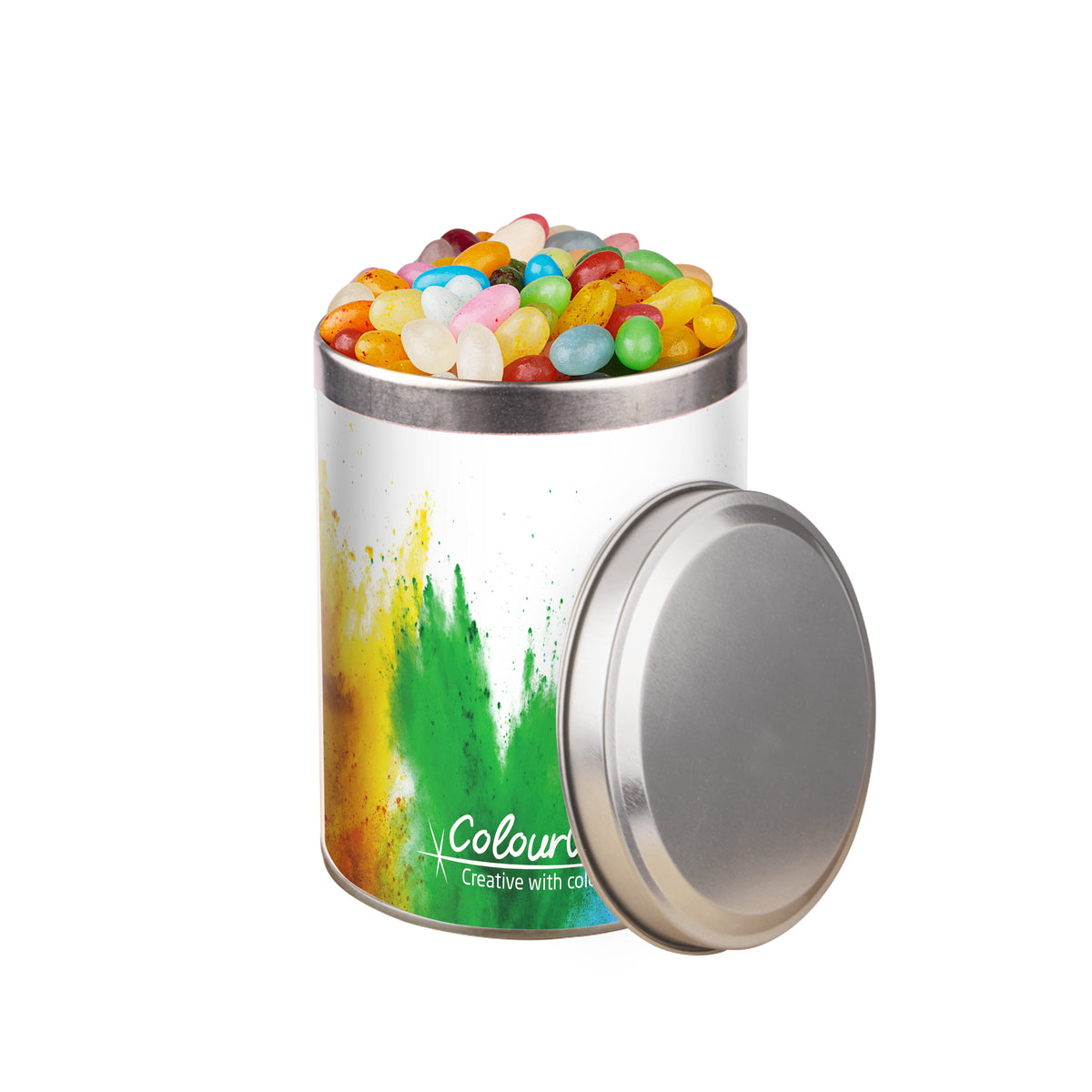 Rond zilverkleurig snoepblik van 0,9 liter met een full colour wikkel met logo rondom: Jelly beans