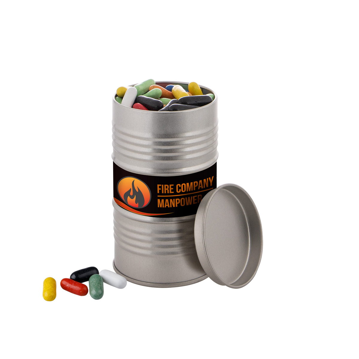 Zilverkleurig blikje in de vorm van een olievat, gevuld met snoep, met een full colour sticker met logo rondom