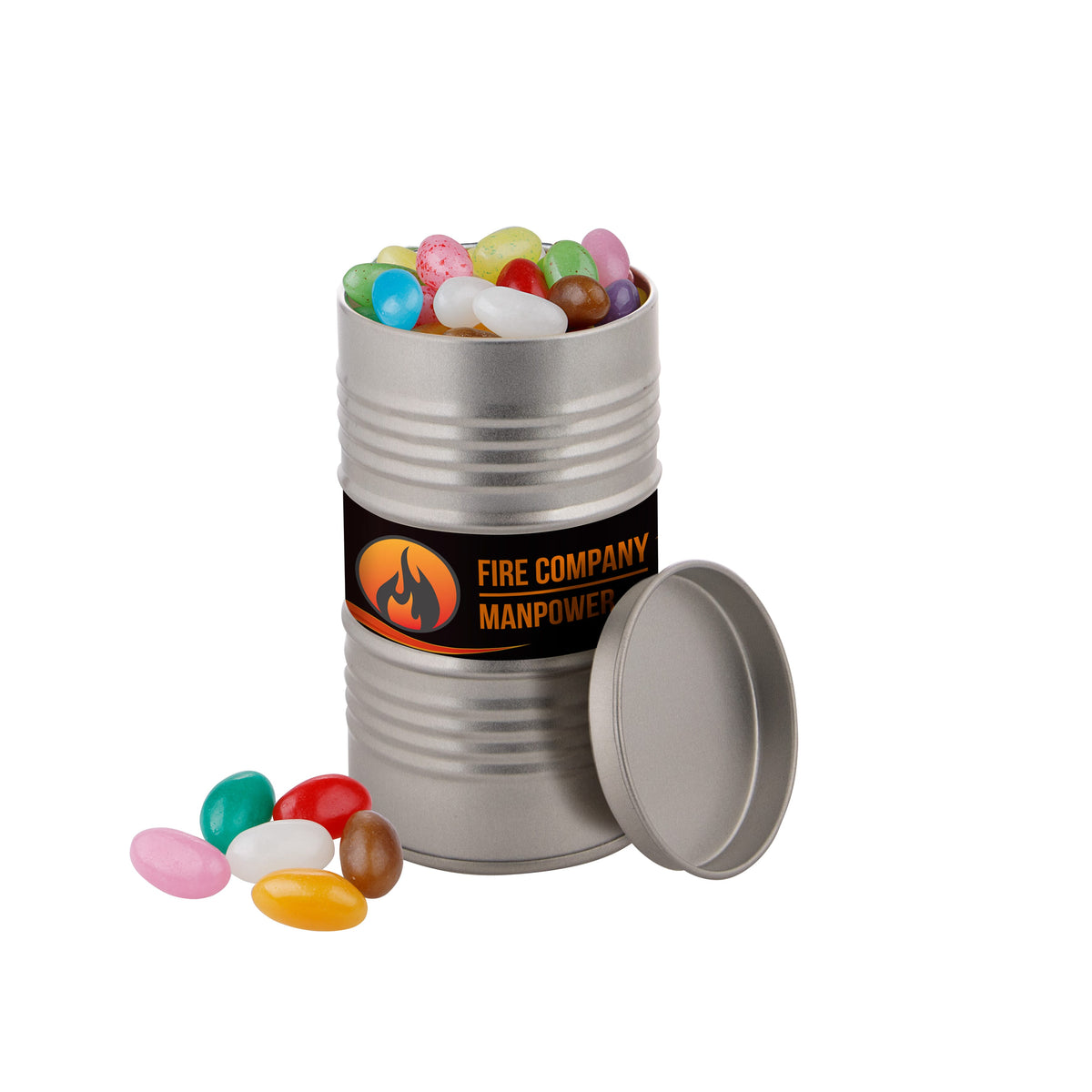Zilverkleurig blikje in de vorm van een olievat, gevuld met snoep, met een full colour sticker met logo rondom: Jelly beans