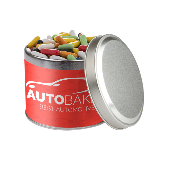 Laag rond snoepblik van 0,6 liter in zilver met een full colour bedrukte wikkel met logo