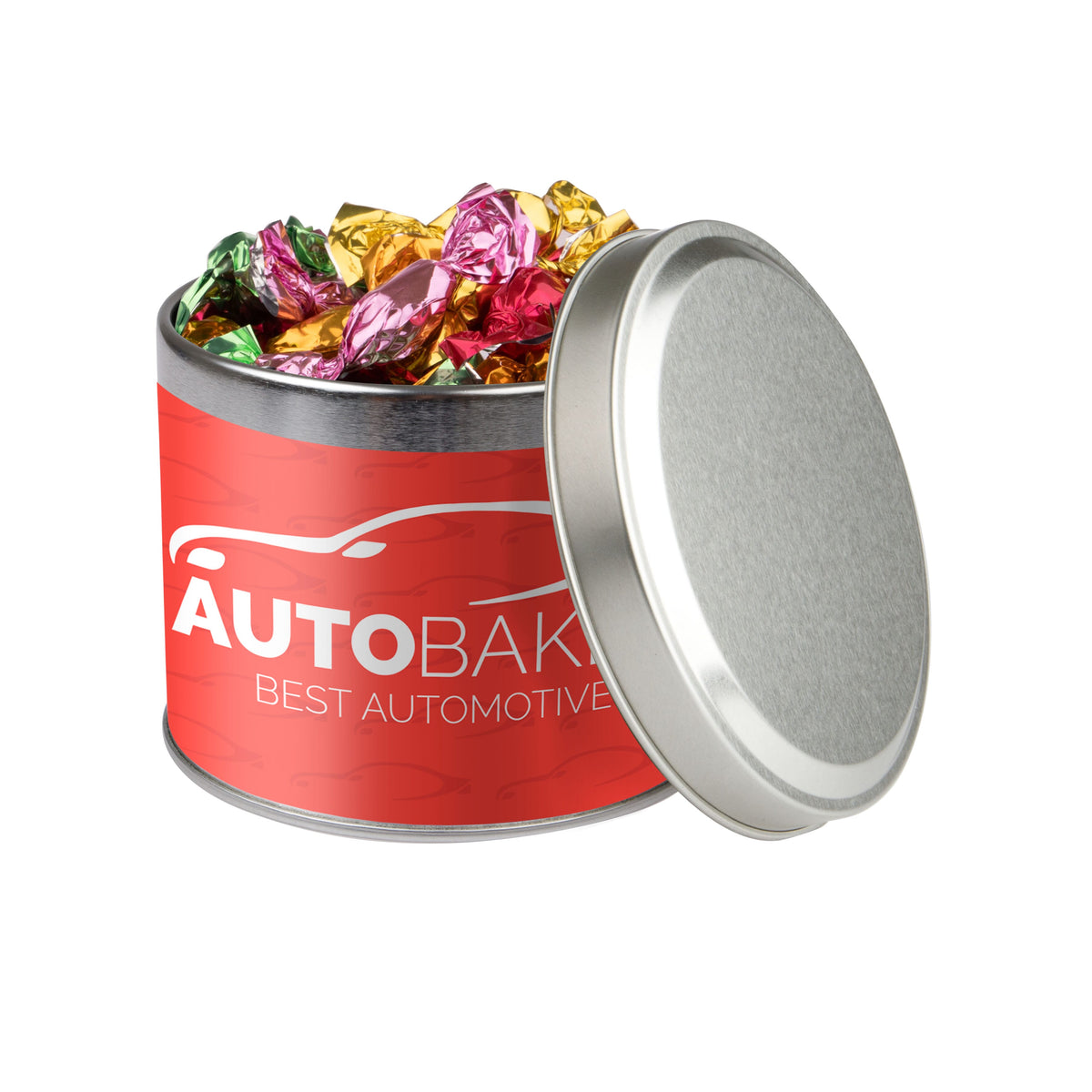 Laag rond snoepblik van 0,6 liter in zilver met een full colour bedrukte wikkel met logo: Metallic sweets