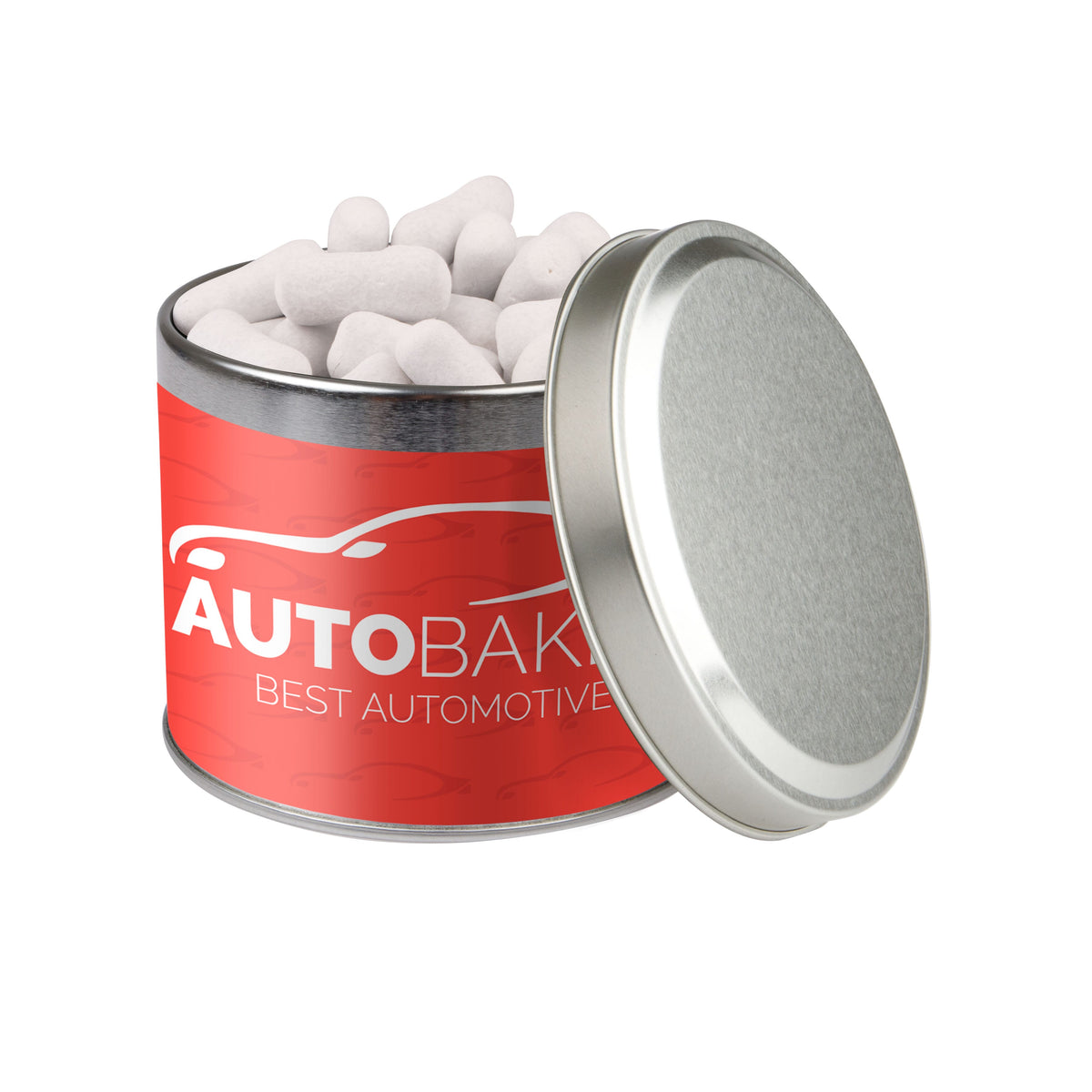 Laag rond snoepblik van 0,6 liter in zilver met een full colour bedrukte wikkel met logo: Schoolkrijt