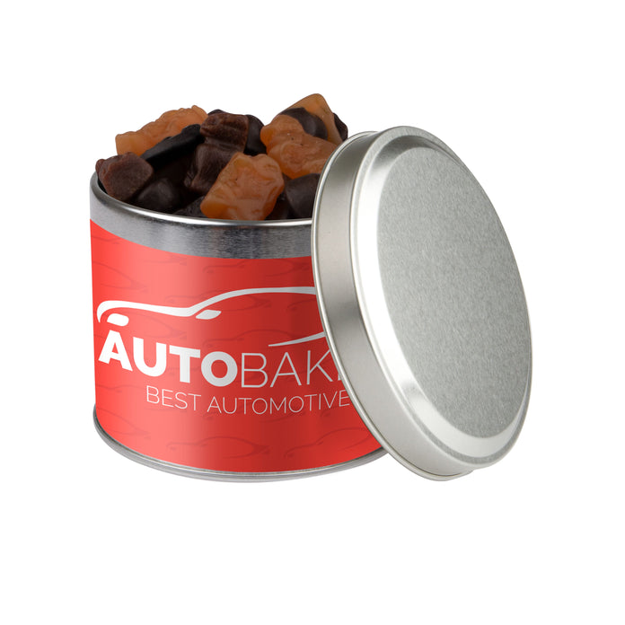 Laag rond snoepblik van 0,6 liter in zilver met een full colour bedrukte wikkel met logo: Gemengd Drop