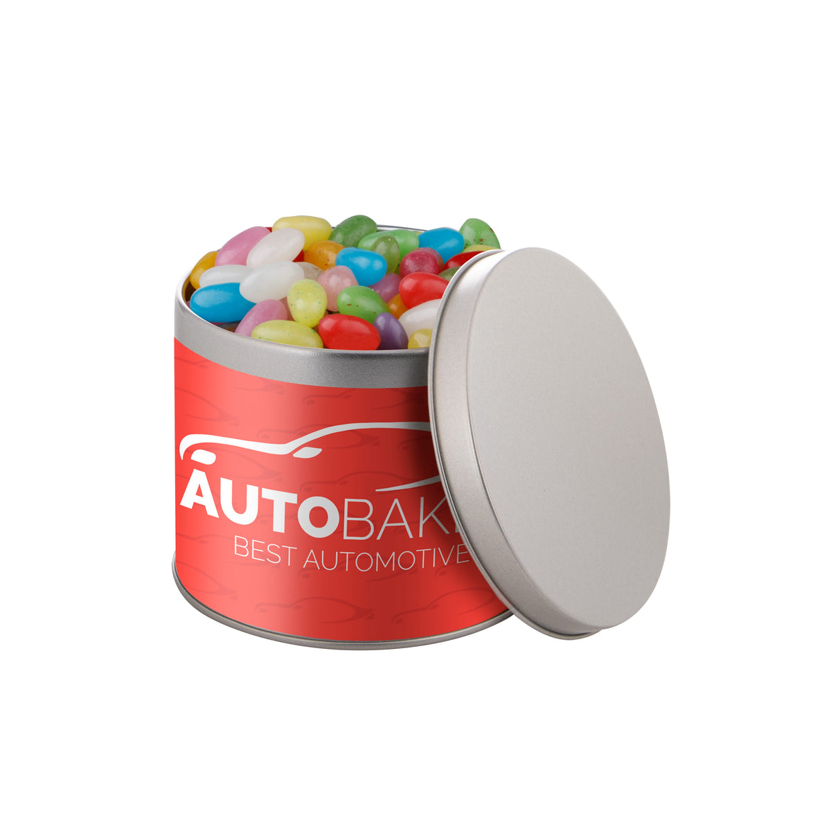 Laag rond snoepblik van 0,6 liter in zilver met een full colour bedrukte wikkel met logo: Jelly beans