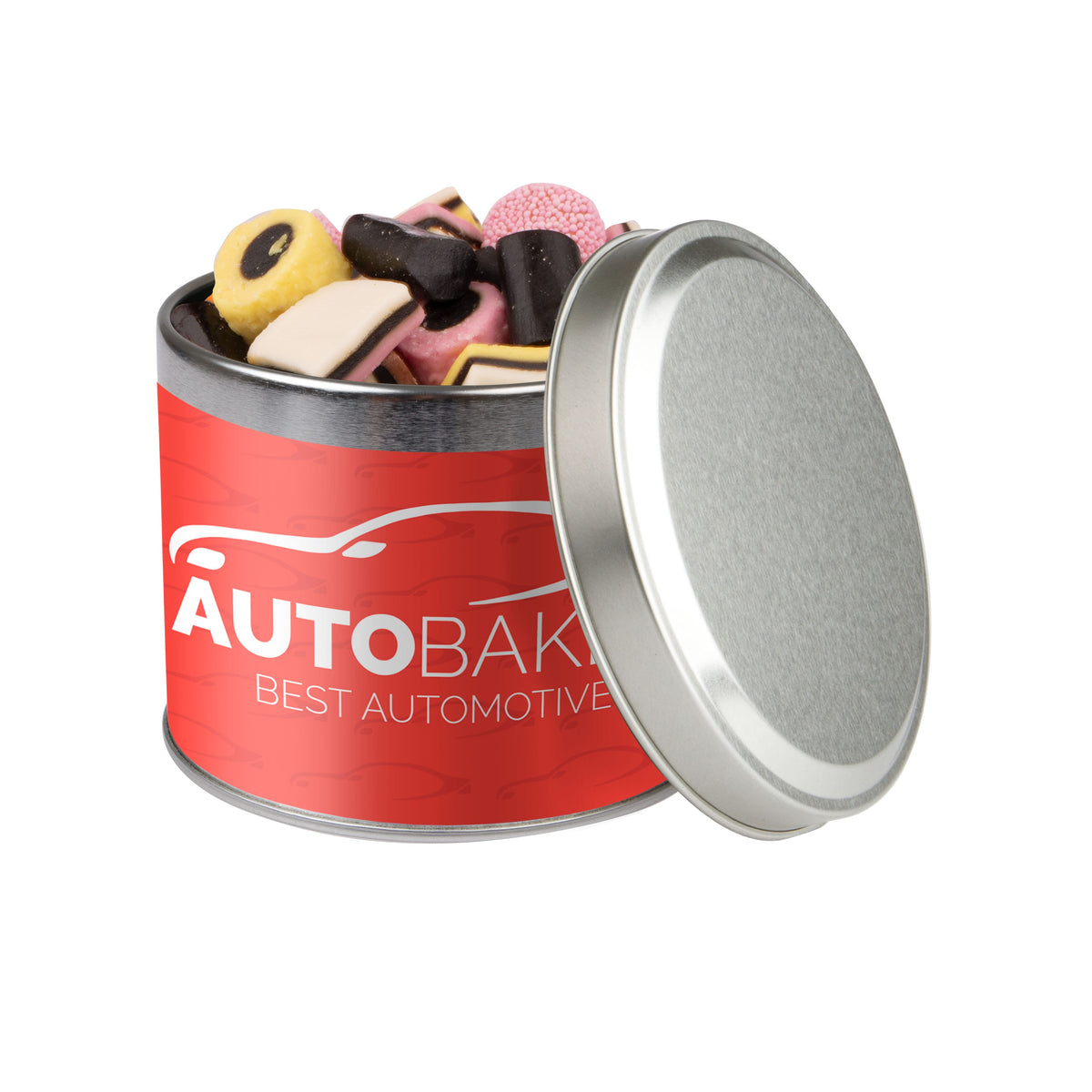 Laag rond snoepblik van 0,6 liter in zilver met een full colour bedrukte wikkel met logo: Engels drop