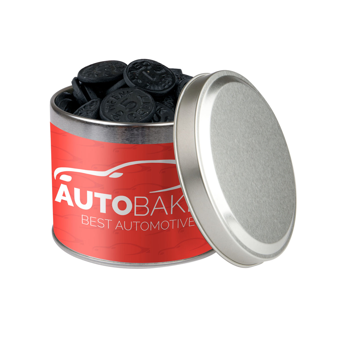 Laag rond snoepblik van 0,6 liter in zilver met een full colour bedrukte wikkel met logo: Muntdrop