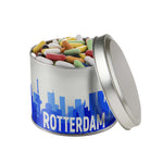 Rond snoepblik van 0,6 liter dat rondom direct in full colour is bedrukt met een eigen ontwerp