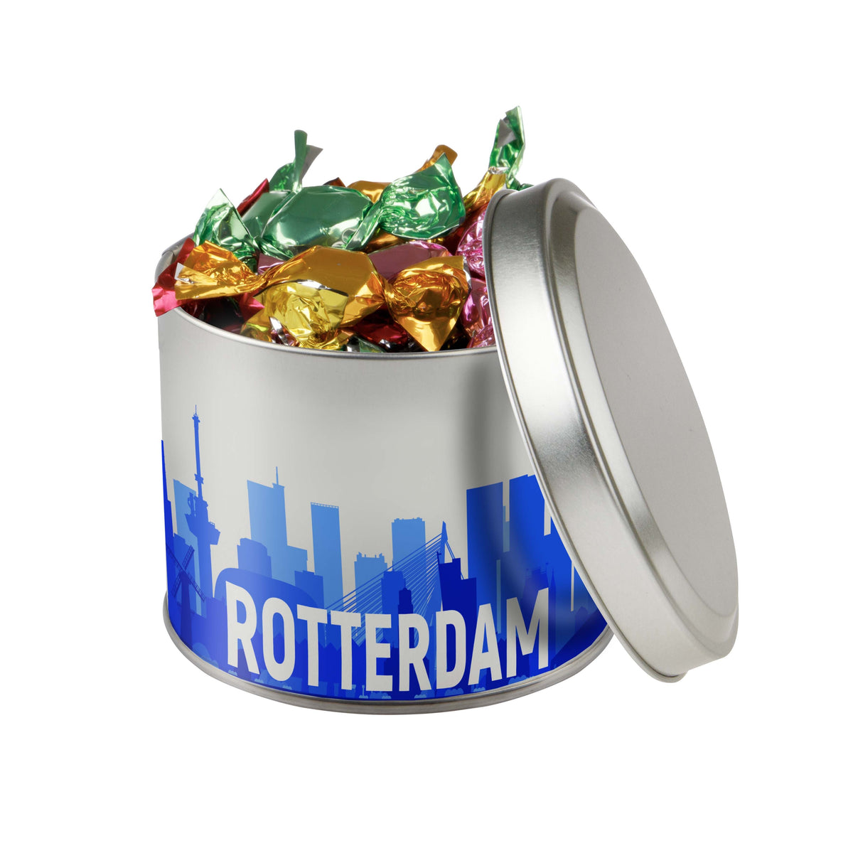 Rond snoepblik van 0,6 liter dat rondom direct in full colour is bedrukt met een eigen ontwerp: Metallic sweets