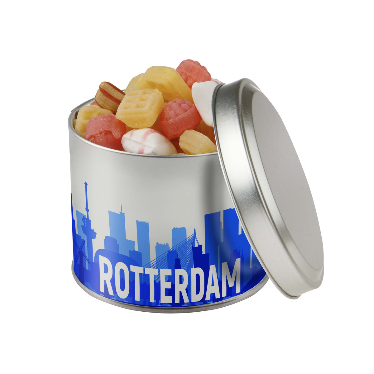 Rond snoepblik van 0,6 liter dat rondom direct in full colour is bedrukt met een eigen ontwerp: Oud Hollandse mix
