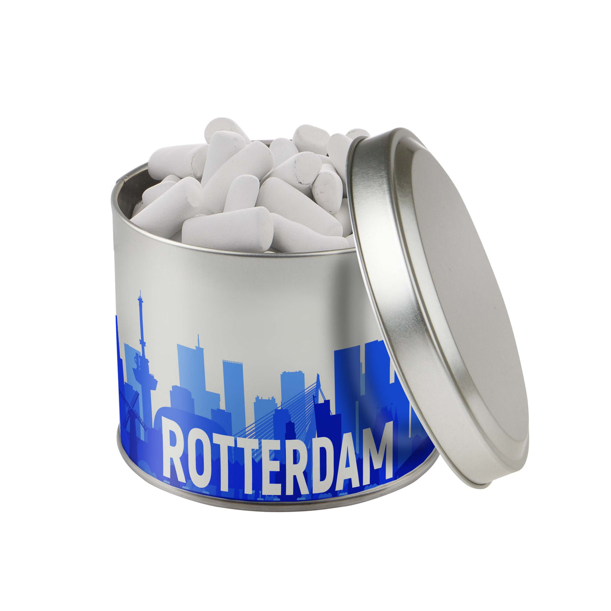 Rond snoepblik van 0,6 liter dat rondom direct in full colour is bedrukt met een eigen ontwerp: Schoolkrijt