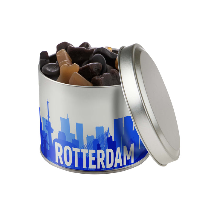 Rond snoepblik van 0,6 liter dat rondom direct in full colour is bedrukt met een eigen ontwerp: Gemengd Drop