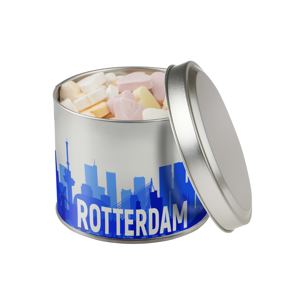 Rond snoepblik van 0,6 liter dat rondom direct in full colour is bedrukt met een eigen ontwerp: Vruchtenhartjes