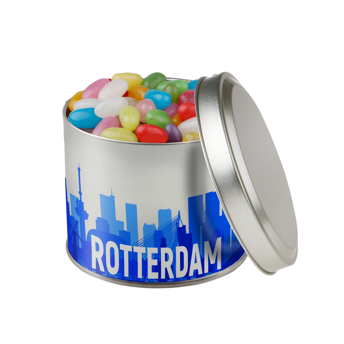 Rond snoepblik van 0,6 liter dat rondom direct in full colour is bedrukt met een eigen ontwerp: Jelly beans