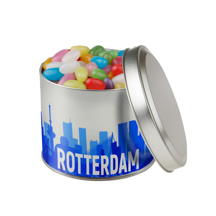 Rond snoepblik van 0,6 liter dat rondom direct in full colour is bedrukt met een eigen ontwerp: Jelly beans