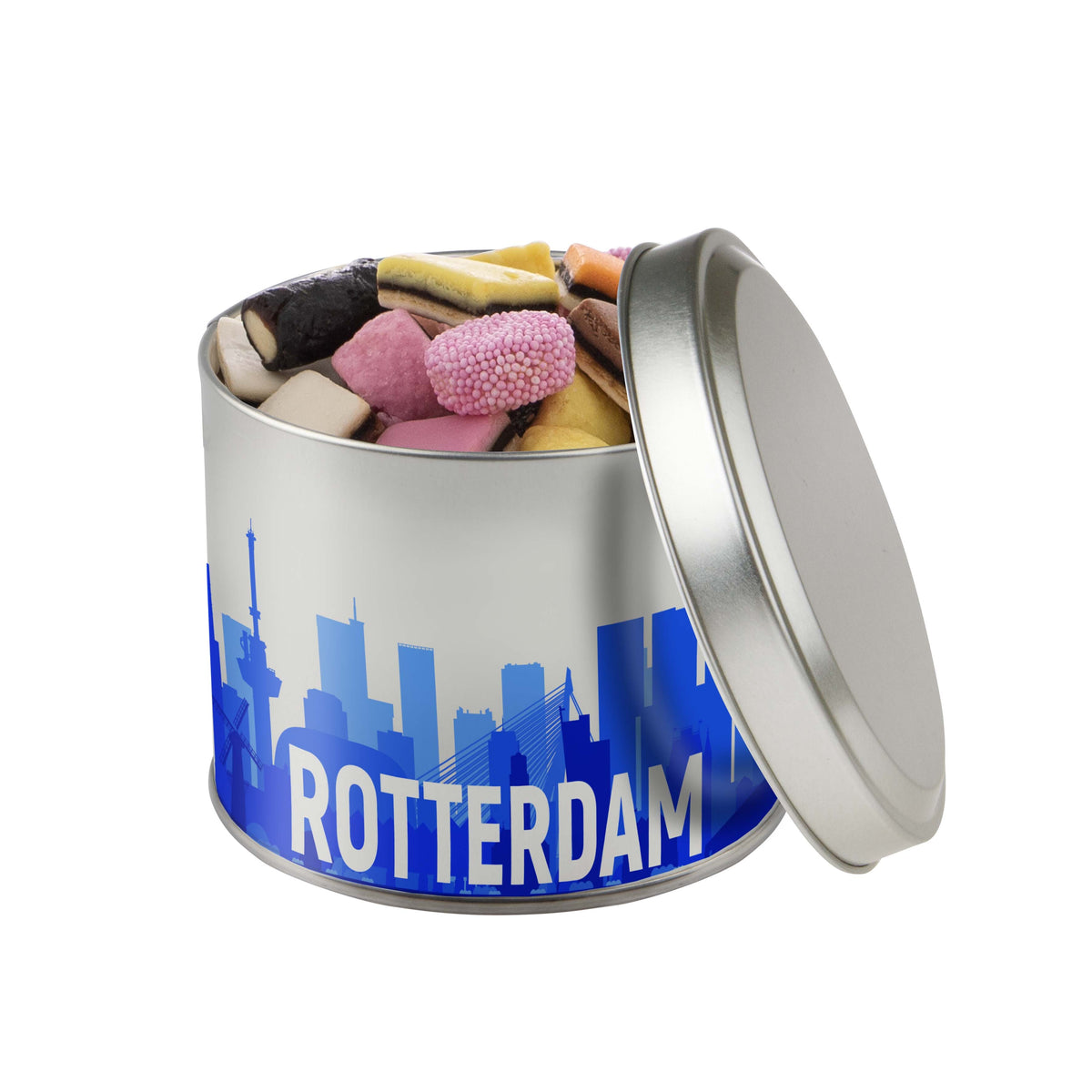 Rond snoepblik van 0,6 liter dat rondom direct in full colour is bedrukt met een eigen ontwerp: Engels drop