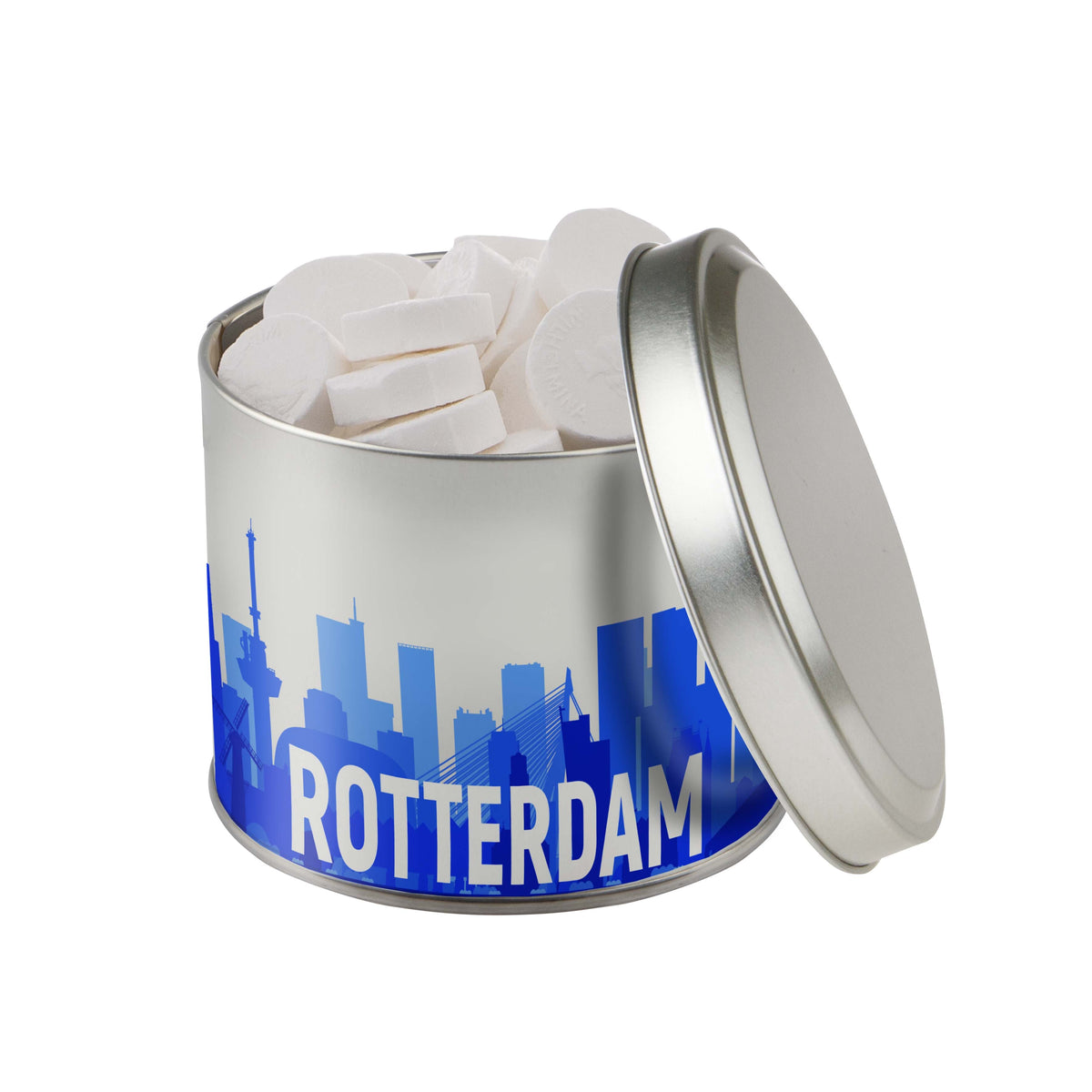 Rond snoepblik van 0,6 liter dat rondom direct in full colour is bedrukt met een eigen ontwerp: Wilhelmina pepermunt