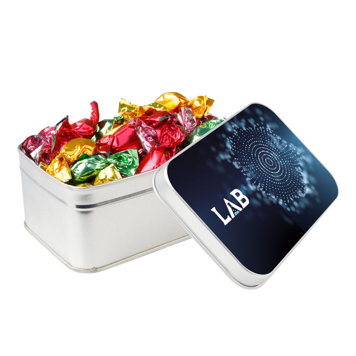 Rechthoekig zilverkleurig snoepblik met een logo in full colour op het deksel, gevuld met snoep: Metallic sweets
