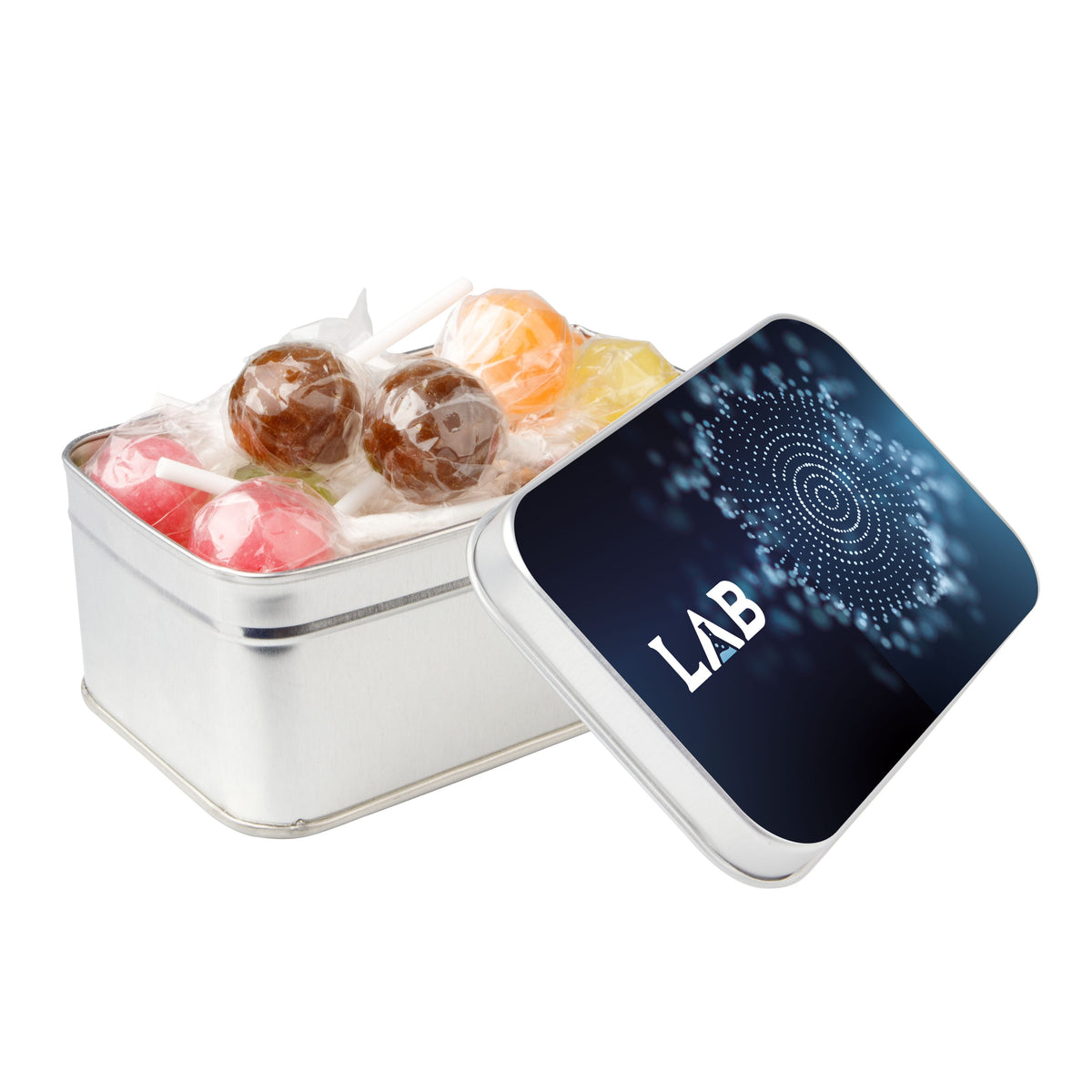 Rechthoekig zilverkleurig snoepblik met een logo in full colour op het deksel, gevuld met snoep: Lolly mix