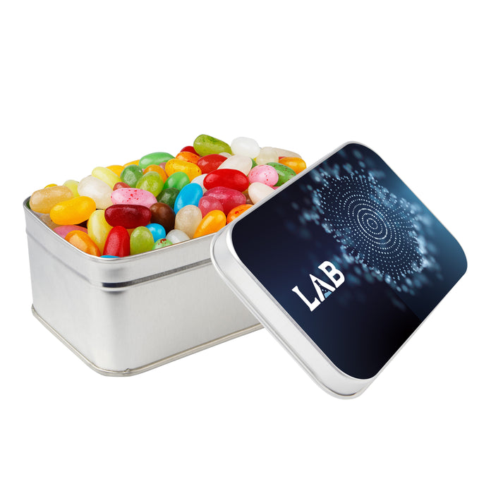 Rechthoekig zilverkleurig snoepblik met een logo in full colour op het deksel, gevuld met snoep: Jelly beans