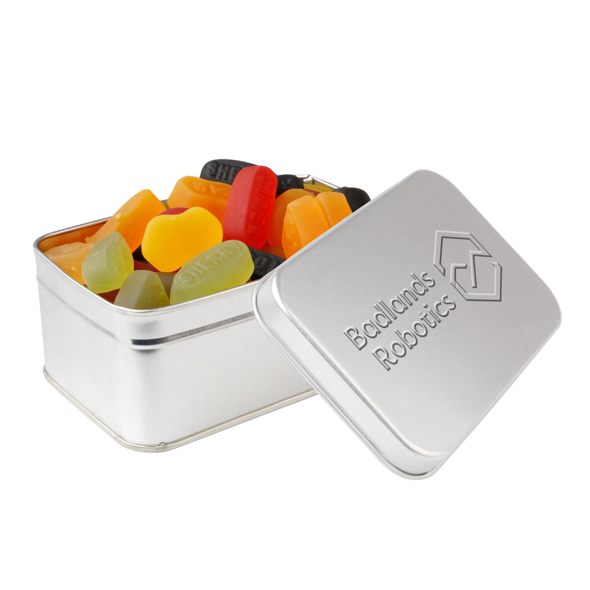 Rechthoekig zilverkleurig snoepblik met een logo in embossing op het deksel: Winegums