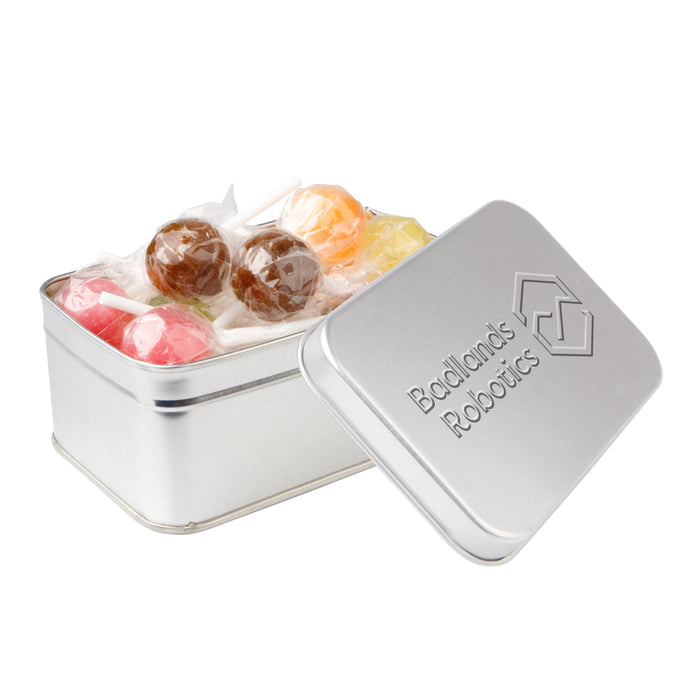 Rechthoekig zilverkleurig snoepblik met een logo in embossing op het deksel: Lolly mix