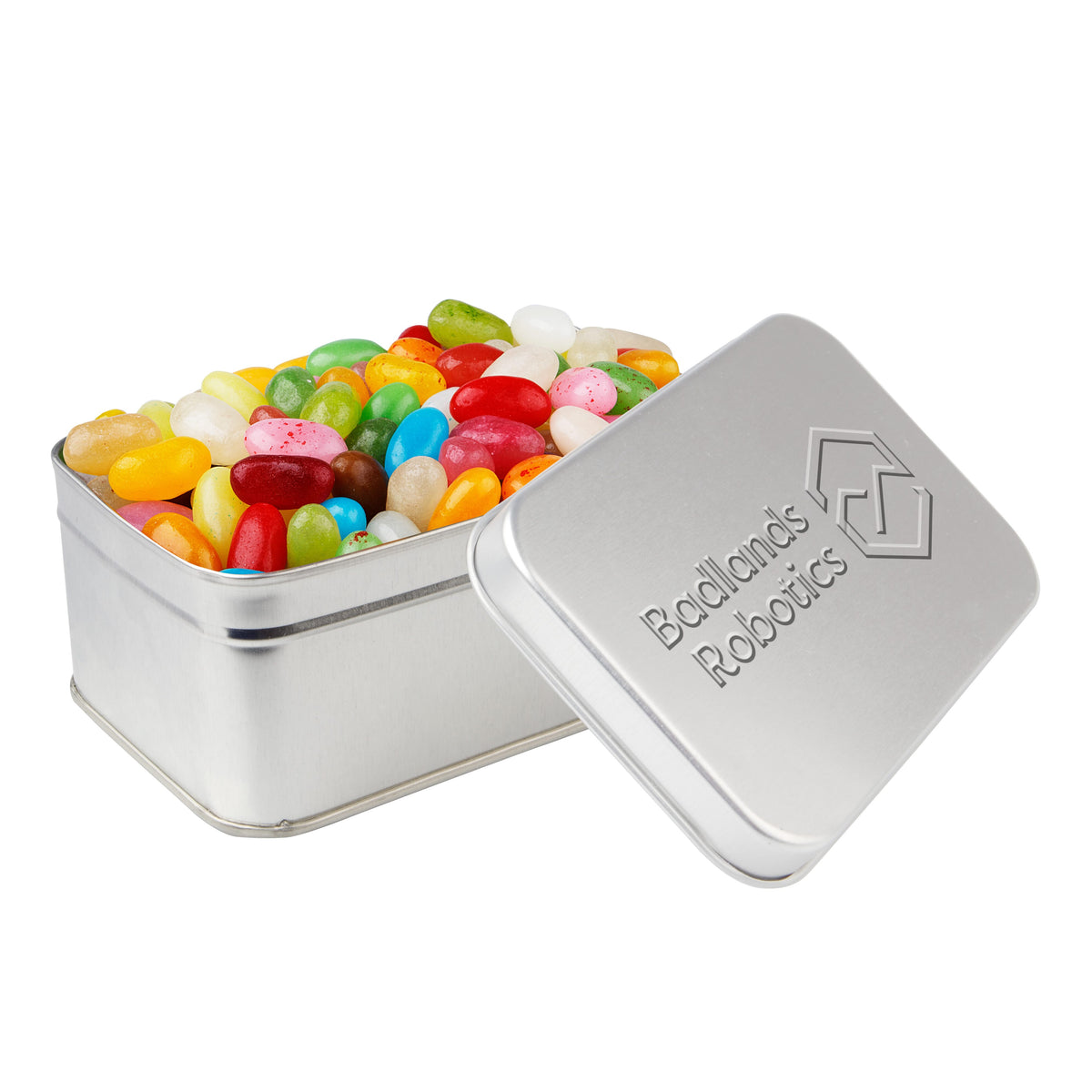 Rechthoekig zilverkleurig snoepblik met een logo in embossing op het deksel: Jelly beans