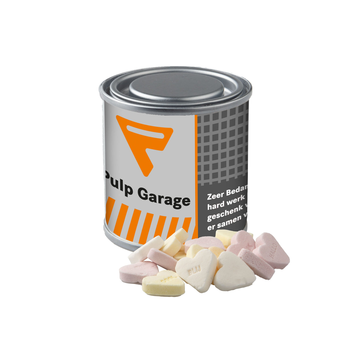 Klein zilverkleurig verfblikje, gevuld met snoep en met een full colour wikkel met logo: Vruchtenhartjes