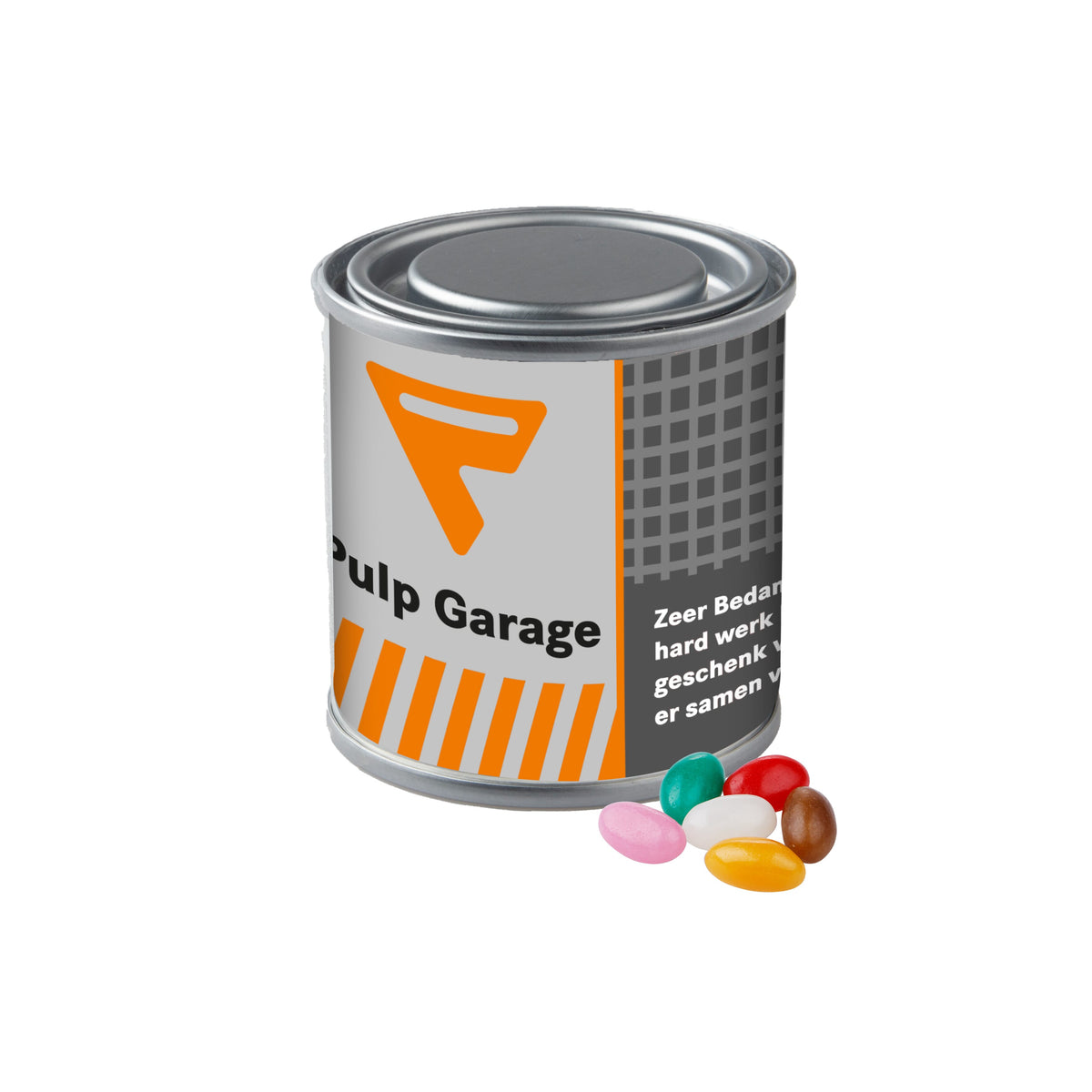 Klein zilverkleurig verfblikje, gevuld met snoep en met een full colour wikkel met logo: Jelly beans