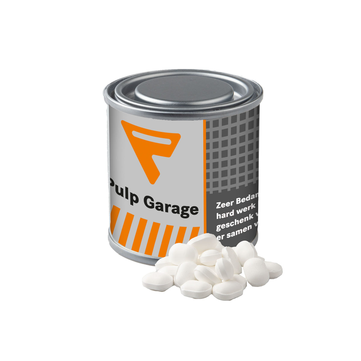 Klein zilverkleurig verfblikje, gevuld met snoep en met een full colour wikkel met logo: Mentos mint