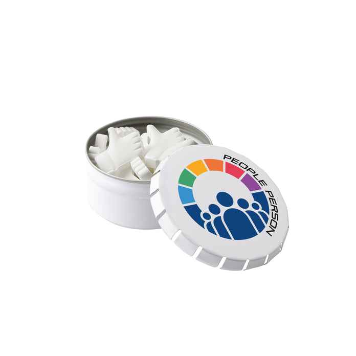 Wit hoog mini clic-clac blikje met een logo op het deksel, gevuld met pepermunt in een vorm: LIKE-duim