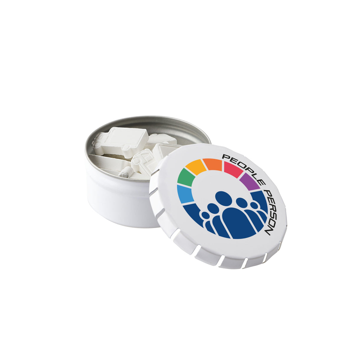 Wit hoog mini clic-clac blikje met een logo op het deksel, gevuld met pepermunt in een vorm: Vrachtwagen