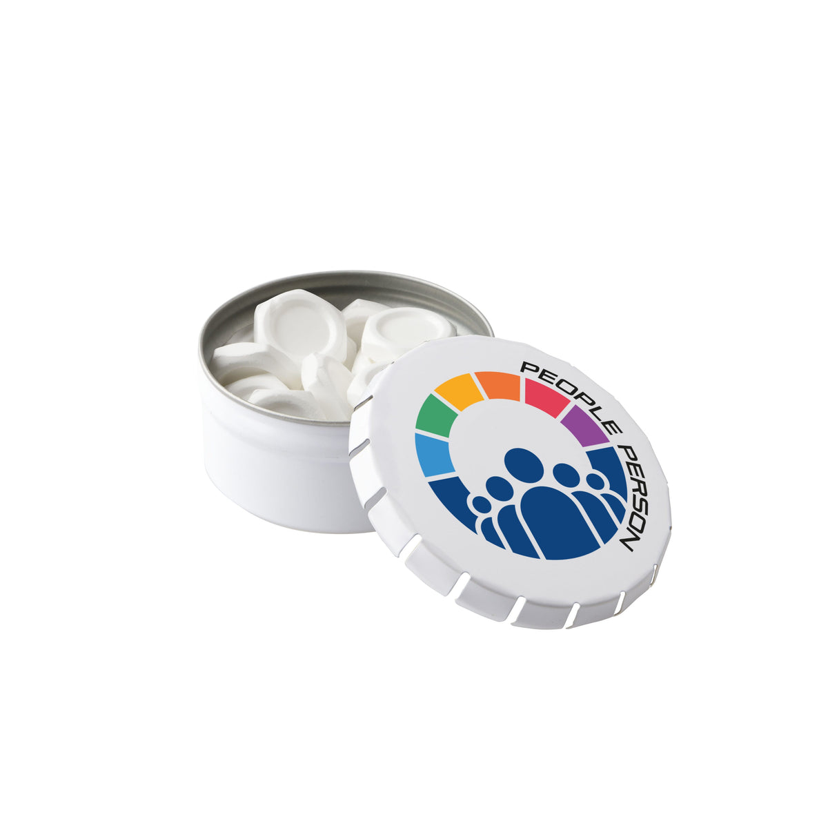 Wit hoog mini clic-clac blikje met een logo op het deksel, gevuld met pepermunt in een vorm: Moer