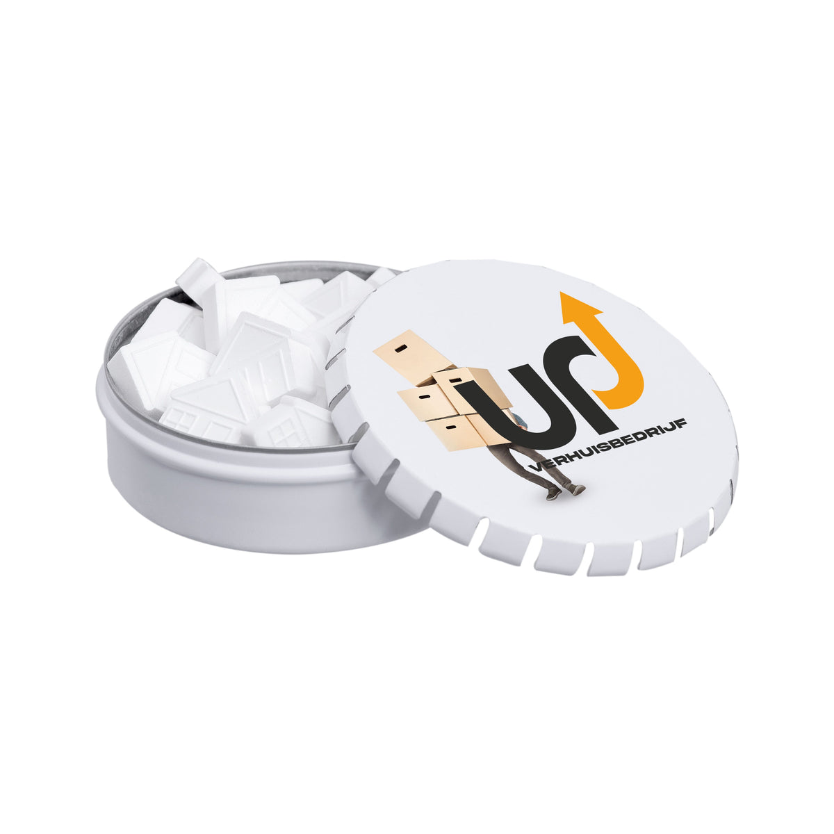 Wit clic-clac blikje met logo op de bovenzijde, gevuld met pepermuntjes in een standaardvorm: Huis
