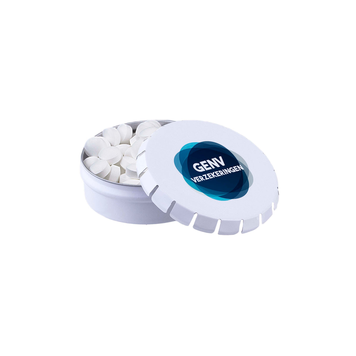 Rond mini clic-clac blikje met pepermunt en full colour bedrukt deksel: Druivensuiker mint bolletjes