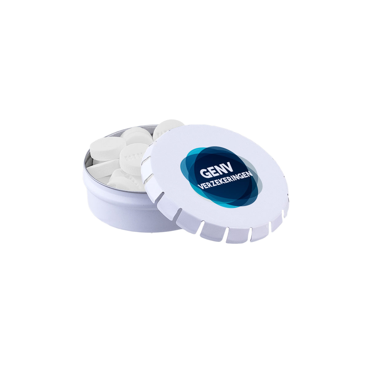Rond mini clic-clac blikje met pepermunt en full colour bedrukt deksel: KING mini pepermuntjes